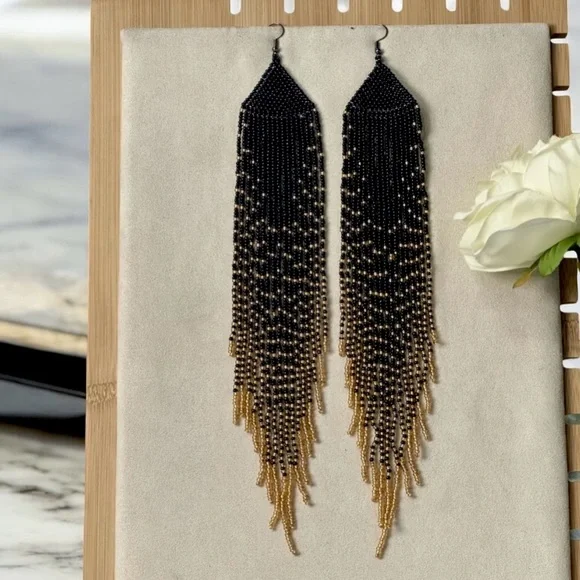 Dramatic Black and Gold Hand Beaded Cascade Earrings - Picture 15 of 16